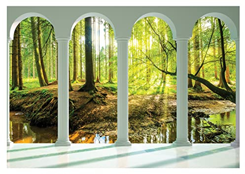 Vlies Fototapete Terrasse 3D Effekt Wald Bach Sonne Natur inkl. Kleister Wohnzimmer Schlafzimmer Modern Motivtapeten Wandtapete Tapete Vliestapete UV-Beständig Montagefertig (368x254 cm - 4 Bahnen)