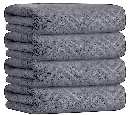 JML Bath Towel, Microfiber Bath Towels Set 4 Pack (30 x 60) - Large Size, Extra Absorbent, Quick Drying, Multipurpose Use as Bath Fitness Towel, Sports Towels, Yoga Towel, Grey Diamond Embossed