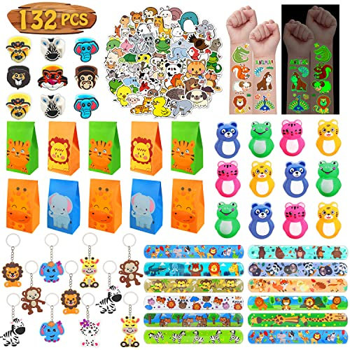 Leesgel 132pcs Tiere Party Mitgebsel Kinder, Dschungel Safari Party Zubehör Mitgebsel Kindergeburtstag, Tier Schnapparmband Schlüsselanhänger Ring Tattoo Aufkleber Geschenktüten Dschungel Safari Deko