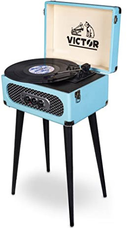 VICTOR Andover 5-in-1 Turntable Music Center with 3-Speed Record Player, FM Radio, Dual Bluetooth in & Out, Built-in Stereo Speakers, and Chair Height Legs, Turquoise