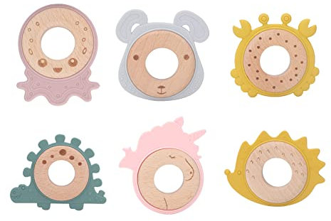 Anneau à mâcher pour bébé Anneau en bois Anneau de dentition en silicone Forme animale Anneau à mâcher pour bébé Anneau de dentition pour nouveau-nés(dog)