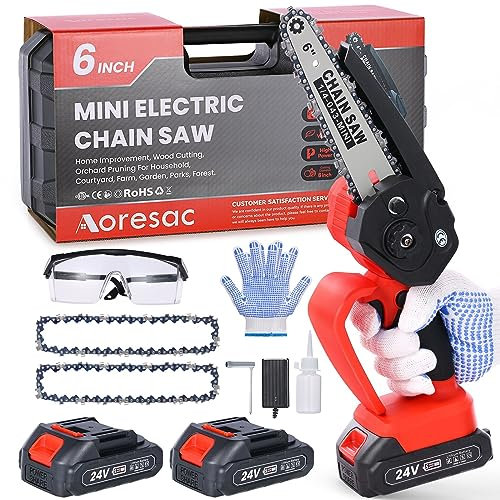 Aoresac Mini Motosega Elettrica a 2 Batterie 800W , 6 Pollici, Migliore Sega per Potatura con Caricatore 2 Catene, per Taglio Legno Alberi e Rami Potatura