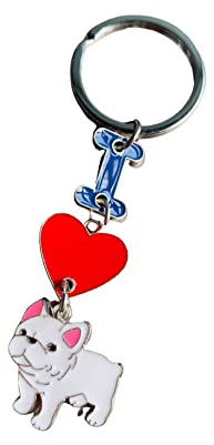 MeiAOBest Hunde-Schlüsselanhänger, I Love Dog Anhänger, Schlüsselanhänger, Metall, Haustier-ID-Tags,Hundeliebhaber, Geschenk, weiße französische Bulldogge