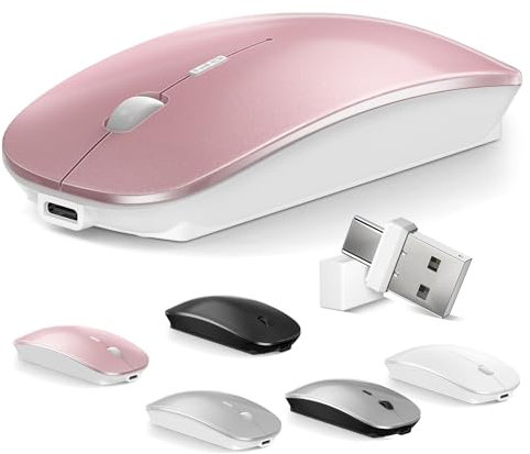 Normdecos Bluetooth Wireless Mouse for MacBook Air Mac Pro Laptop PC Pad Optical Rechargeable Silent Mouse with Dual Mode Switch Mouse Bluetooth 5.2/3.0 and 2.4G USB-A & USB-C Receiver Rose Gold