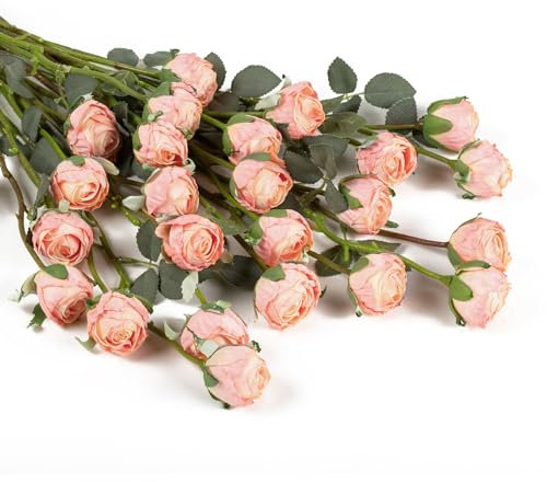 DuHouse 24 Stück Künstliche Rosen mit Langen Stielen – Vintage Seidenrosen für DIY-Sträuße, Hochzeitsdeko, Tischdekoration, Party & Zuhause(Hellrosa)
