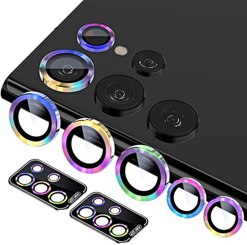 QUESPLE 2-Pack Galaxy S22 Ultra Camera Lens Protector, HD Scratch-Resistant Tempered Glass, Metal Ring, Colorful