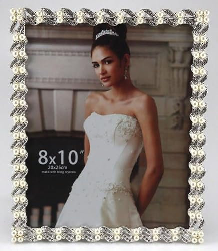 Bilderrahmen Fotorahmen Porträtrahmen aus Metall mit Viele weiße Perlen und Strass Steine – Swarovski Optik 15,5x20cm (13x18)