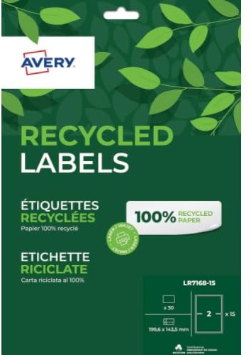 AVERY - Pochette de 30 Etiquettes recyclées blanches 199.6 x 143.5mm Laser, Jet d'encre (LR7168-15)