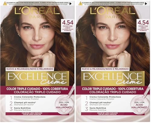 L'Oreal Paris Excellence Coloración Crème Triple Protección 4,54 Castaño Caoba Cobrizo (Paquete de 2)