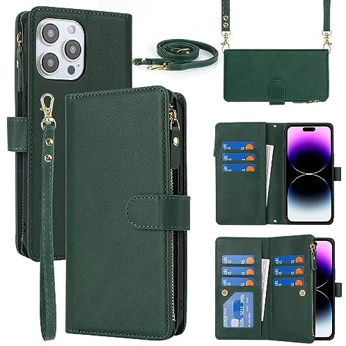 Cavor Compatible with iPhone 15 Pro Case With Card Holder With Strap,Flip Leather Crossbody Wallet Case,[9 Card Holders][Magnetic][Lanyard],Cover Phone Case for women - Dark Green