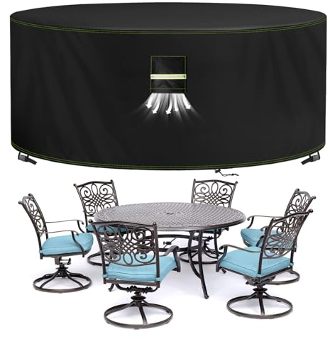 VDISRR Funda Mesa Exterior Impermeable Ø190 x 74 cm, Tela Oxford 420D Funda Protectora Muebles de Jardin Cubre Mesa y Sillas Exterior con Salida de Aire Anti-UV, Antivento, Antipolvo