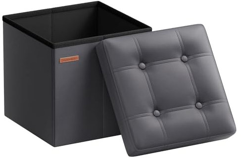 SONGMICS Sitzhocker 38 cm, Aufbewahrungsbox faltbar, Fußhocker mit Deckel, aus Kunstleder, bis 300 kg belastbar, für Eingang, Wohnzimmer, Schlafzimmer, schiefergrau LSF030G11