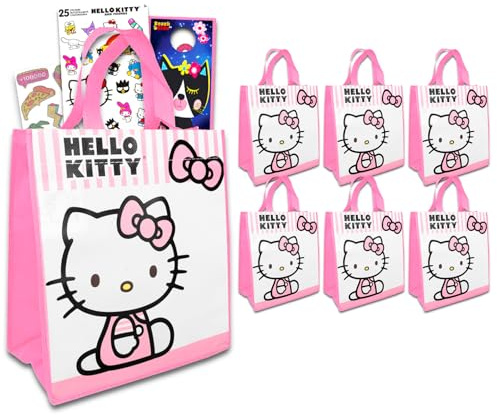 Hello Kitty Party Favor Bags Set - Bundle with 6 Hello Kitty Party Goodie Bags for Kids, 6 Temporary Tattoo Sheets, More | Hello Kitty Birthday Party Supplies