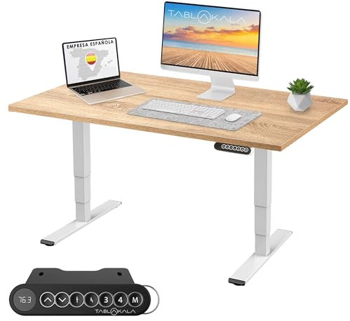 Tablakala - Escritorio Elevable Eléctrico 2 Motores | Tablero 140x70 cm Roble | Patas Blancas | Ajustable en Altura 62-127 cm | Standing Desk Ergonómico, Mesa Elevable