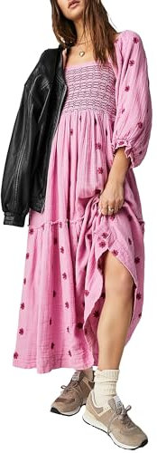 Acrawnni Women's Flower Embroidered Maxi Dress Long Puff Sleeve Square Neck Smocked Tiered Bohemian Flowy Dress Beach Long Dress (B-Pink, M)