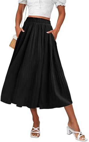 Hotouch Damen Chiffon Rock Schwarz Lang Plisseerock Elegant Maxirock Leicht Sommer Midirock Elastische Taille Langer Faltenrock Größe XL