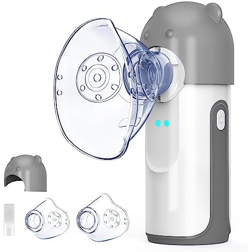 Inhalationsgerät, Wholede Vernebler Inhalator mit Hüte, Inhaliergerät für Baby Kinder Erwachsene, Mesh Vernebler mit 2 Vernebelungsmodi, Tragbarer Inhalator mit 2 Maske und Mundstück- Grau