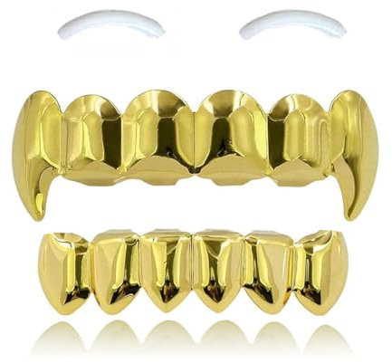 SSyang Hip Hop Teeth Grills für den Mund, Zahnspange Dekoration, mit 2 Silikonformleisten, Hip Hop Teeth Grills für Mouth Top Bottom,für Musikfestivalpartys,Hip-Hop-Rapper,Dekorationen Reißzähne(Gold)