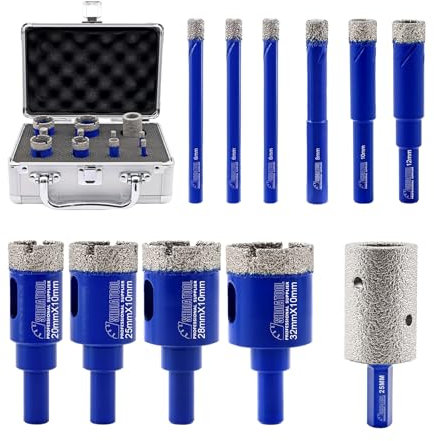 SHDIATOOL Juego de brocas huecas de diamante Brocas en seco para gres porcelánico Mármol Cerámica Granito,6/6/6/8/10/12/20/25/28/32mm/25mm Barras de amolar y mangos hexagonales soldados