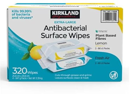 Kirkland Signature Extra-Large Antibacterial Surface Wipes, Lemon/Fresh Air Scent 320 pack