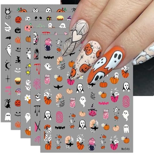 Halloween Nail Stickers, 12 Sheets Self-Adhesive Nail Decal Pumpkin Cobweb Ghosts Nail Art Decoration Design Supplies