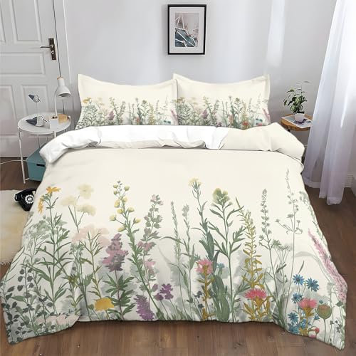 XCQHZYQ Bettwäsche 180x200 cm Retro Blumen Beige Bettbezug Set 3teilig Polyester Baumwolle Deckenbezug Bettgarnitur Bettbezüge mit Reißverschluss