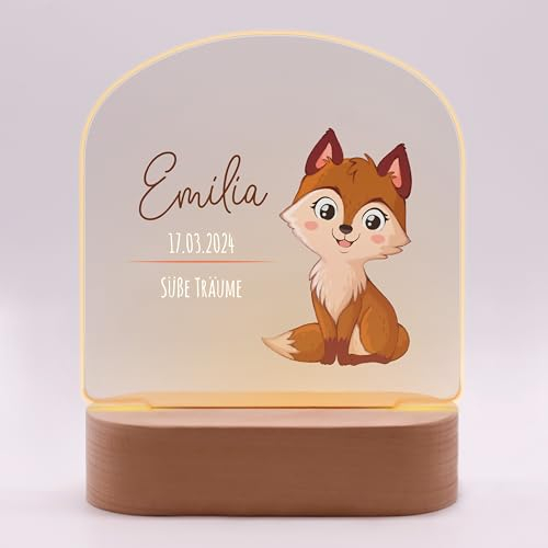 LAUBLUST 3D LED Nachtlicht für Kinder - Personalisierte Lampe mit Baby Namen & Wunschtext | Natur Holzsockel - Geschenk zur Geburt & Taufe für Mädchen und Jungen - Kinderzimmer Deko (Fuchs)