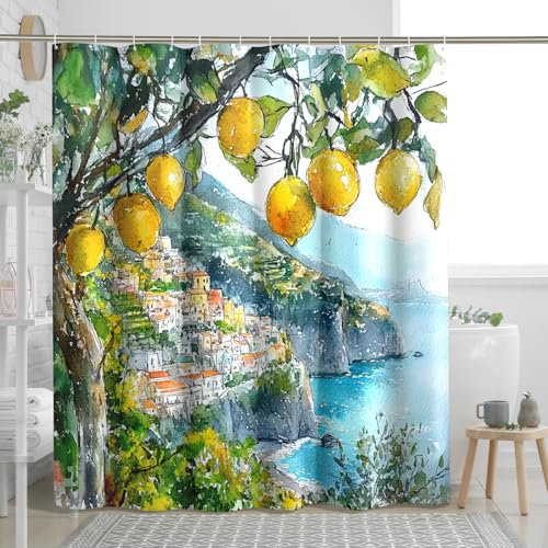 Lemon Tree Shower Curtain, Watercolor Yellow Green Citrus Design for Bathroom Decor, Spring Summer Modern Coastal Fabric Shower Curtain Set with Hooks 62x72 Inch