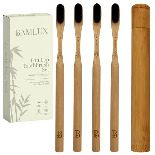 BAMLUX Bambus-Zahnbürsten Set – 4 weiche Nano-Zahnbürsten aus Holz mit 20.000 Soft-Borsten – Nachhaltige Zahnbürste für die ganze Familie & empfindliche Zähne – Reisezahnbürste mit Etui