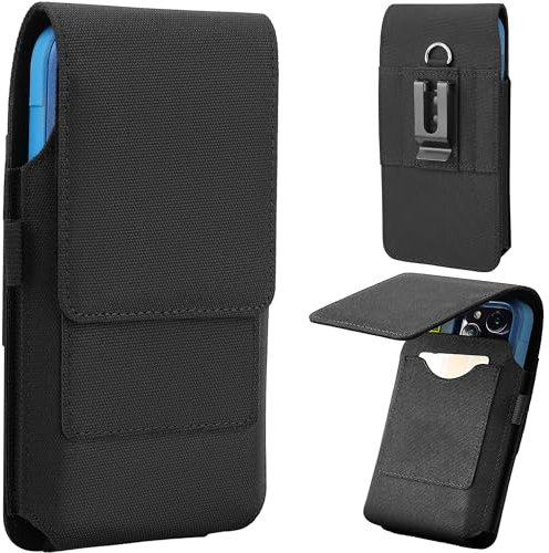 Gcepls Étui de ceinture en nylon pour téléphone portable - Fermeture magnétique - Avec porte-carte d'identité - Pour iPhone 16 Pro 15 Galaxy S22 S21 S20 24 23 (M)