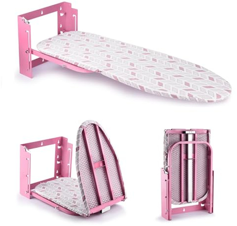 Wall Mounted Ironing Board Adjustable Height Fold Away Iron Board | 36x12 Inch Wall Mount Space-Saving Ironing Board with Removable Heat Resistant Cover for Small Spaces Home Laundry Room Pink