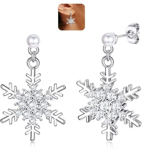 LOLIAS 925 Sterling Silber Schneeflocke Ohrringe für Frauen Weihnachten Schneeflocke Baumeln Ohrstecker Funkelnde Perle CZ Schneeflocke Hypoallergene Ohrringe Weihnachtsschmuck Weihnachtsgeschenke