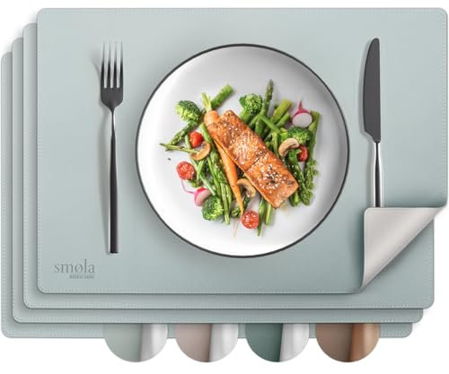 smøla Tischsets aus PU-Leder 4er Set I Platzset Abwaschbar I Platzdeckchen Set in Lederoptik I Untersetzer für Teller I Tischunterlage Esstisch I Tischdeko Frühling, Blau/Silber
