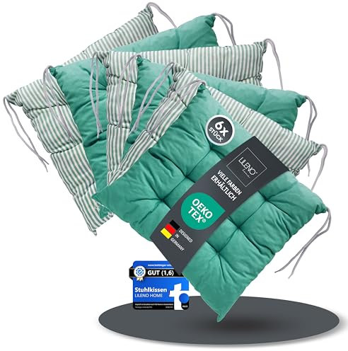 LILENO HOME 6er Set Wende Stuhlkissen Türkis-grün (40x40x6 cm) - Streifen Sitzkissen für Gartenstuhl, Küche oder Esszimmerstuhl - Indoor u. Outdoor Stuhlauflage als Stuhl Kissen (Linda FUM)