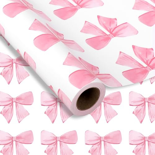 JarThenaAMCS Geschenkpapier mit rosa Schleife, Mini-Rolle, 43,2 cm x 100 cm, Aquarell-Schleife, Knoten, Geschenkpapier, süßes Bastelpapier für Valentinstag, Geburtstag, Hochzeit, Party,