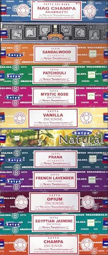 Satya-Räucherstäbchen-Set, Nag-Champa, Super-Hit, heiliges Sandelholz, reines, pfanzig-mystisches Rosen-Vanille, Prana, natürlich-französischer Lavendel, Opium, ägyptischer Jasmin, Champa,