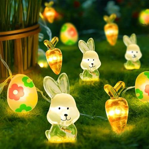 LED Lichterkette Ostern, 3M 30 LED Ostern Lichter, Hase Karotte Ostereier Led Osterbeleuchtung, Lichterkette Ostern Batterie Warmweiß, für Frühling Partys Tische Hochzeiten Oster Innen Außen Deko