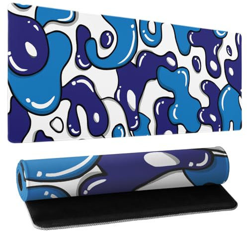 Grand tapis de souris de jeu géométrique de dessin animé japonais XL 80 x 30 cm, bleu marine et blanc, grand tapis de souris avec base en caoutchouc antidérapant, bords cousus pour PC, ordinateur
