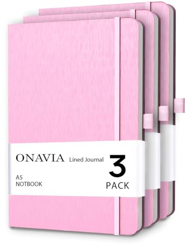 ONAVIA A5 Hardcover Liniertes Notizbuch 3er Pack, 80 Blatt, Rosa | 160 Seiten, 14,8 × 21 cm, Hardcover, Liniert, Notizbuch für Schule, Studium und Büro