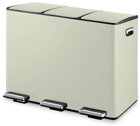 Tower Recycling Pedal Bin, Three 15L Compartments with Removable Inner Buckets, Carbon Steel Body, 45L, Cream