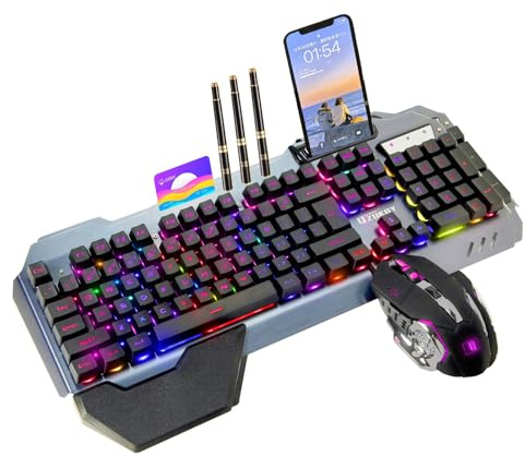 Gaming Keyboard and Mouse Set, RGB Backlit, 16 Lighting Modes, Phone Holder, Wrist Support, Black