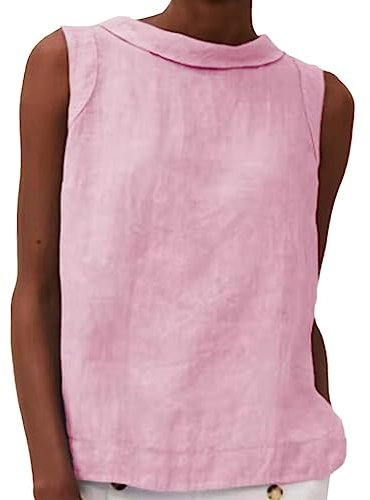 Haut en lin sans manches pour femme - Couleur unie - Caraco ample et léger - Décontracté - Pour le bureau, le travail, l'été - Séchage rapide - Pour un usage quotidien - Rose, rose, XL