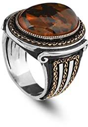 Anillo de hombre hecho a mano, plata turco 925k para él, anillo otomano de ámbar, regalo para él