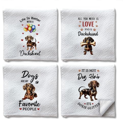 WADORN 4 Stück Lustiges Dackel Handtuch, Küchen Geschirrtücher Mit Weiner Welpen Hund 60x40cm Mikrofaser Saugfähig Weich Hand Tee Geschirrtücher Zum Kochen Backen Badezimmer Feiertags