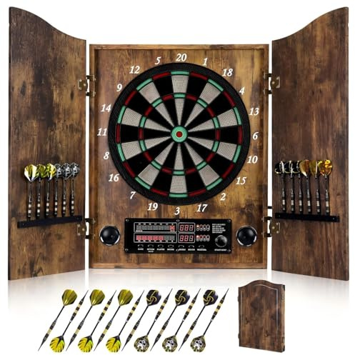 Yirinatek Electronic Dart Board, Decorative Dart Board Cabinet Set for Adults [12*Bronze Soft Tip Darts] [Cricket Game Mode]- Wooden Electric Dartboard Cabinet for Game Rooms - Vintage