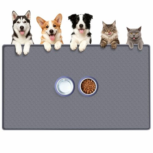 Kalolary Large Waterproof Dog Feeding Mat | Silicone Pet Food Tray with Raised Edges, Non-Slip Floor Protector for Dogs and Mult-Pets(Gray（130 * 65cm）)