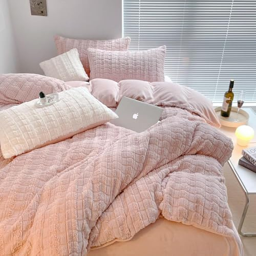 Covebett Warme Bettwäsche 220x240 Mädchen Rosa Winter Flauschig Plüsch Cashmere Touch Bettbezug Kariert Coral Fleece Flanell Wendebettwäsche Set 3 Teilig mit Reißverschluss and 2 Kissenbezüge 80x80 cm
