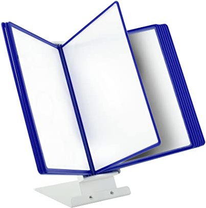 LEVIATAN Tisch-Sichttafelsystem A4 | 10 Präsentationstafeln | Stabiler Metall-Standfuß | Dokumenten-Display für Büro, Werkstatt, Empfang | Blau