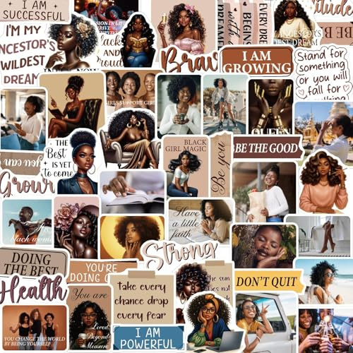 Nymora Black Girl Stickers for Women - 50 Pcs Black Women Water Bottle Stickers for Vision Board, Brown Affirmation Waterproof Scrapbook Decals, Motivational Vinyl Sticker for Laptop Journaling
