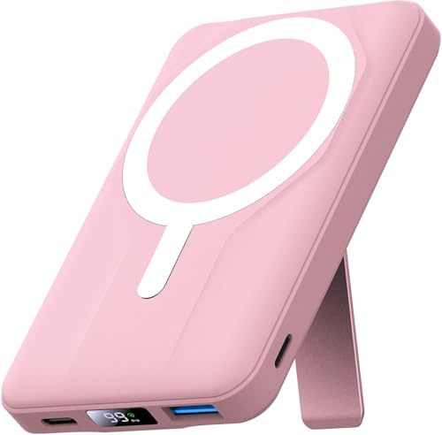 Azmuth Power Bank para Magsafe, 10000mAh Magnético Batería Externa Portátil | Carga Rápida 20W PD, Cargador Portátil Inalámbrica, Pantalla LED, Powerbank Para iPhone 17/16/15/14/13/12 Series, Rosa